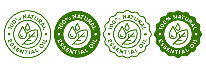 Essential oil drop icon for beauty and skincare natural product certificate label. Essential oils sticker logo for body lotion, cream and shampoo moisturizer, spa wellness fragrance.