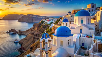 Scenic whitewashed houses, blue-domed churches, and winding cobblestone streets of oia village in santorini, greece, overlooking the shimmering mediterranean sea.