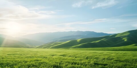 Obraz premium Embracing the beauty and growth of nature Scenic green hills under a peaceful sky. Concept Nature Photography, Green Landscapes, Serene Skies, Peaceful Settings