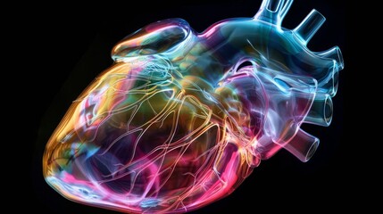 X-ray image of a human heart glowing in many colors on a black background.