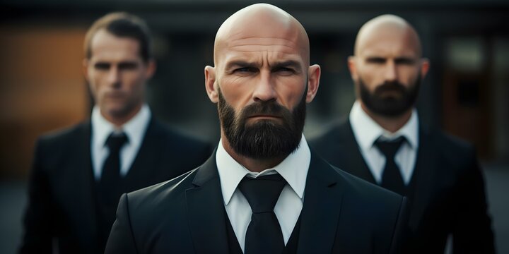Highly Skilled Bodyguards in Formal Business Attire. Concept VIP Protection, Business Security, Professional Bodyguards, Executive Protection, Corporate Security