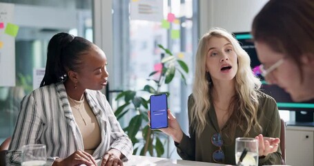 Business meeting, woman and phone with app in office for software development, partnership and plan. Digital agency, tech and screen with pitch in consultation for ux presentation, proposal and idea