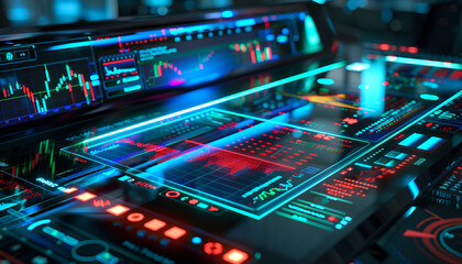 Fototapeta premium Futuristic desk with glowing devices displaying stock charts and data, ideal for technology, finance, or innovation projects