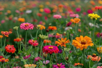 Vibrant Flower Field in Full Bloom - Colorful Zinnias for Nature-Themed Art and Print Designs