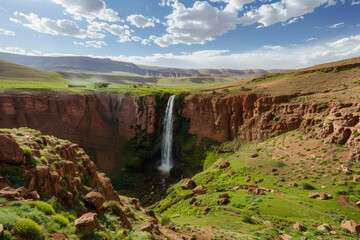 A waterfall flowing from a green landscape into a canyon