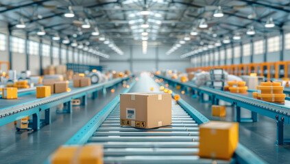 Fototapeta premium Cardboard boxes move along a conveyor belt in the center of a busy warehouse fulfillment center. symbolizes high-speed package processing service and fast delivery to customers
