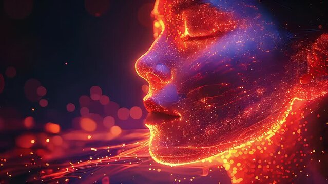 Video of abstract and surreal, with a lot of glowing particles surrounding the woman face. Concept of emotional intelligence, inspiration and creativity, exploring the mind, self-discovery