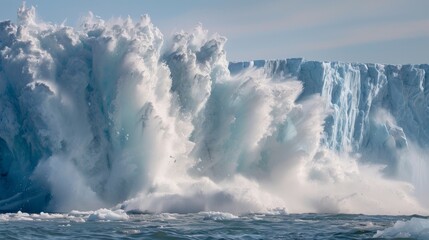 Massive ocean waves crashing against icebergs in turbulent seas, showcasing the raw power and dynamic beauty of nature in a dramatic and icy landscape.	