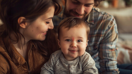 The husband, wearing a grey sweater, sits on the floor playing peek-a-boo with their baby, while the wife, in a floral dress, joins in the laughter beside them. Sunlight filters through sheer curtains