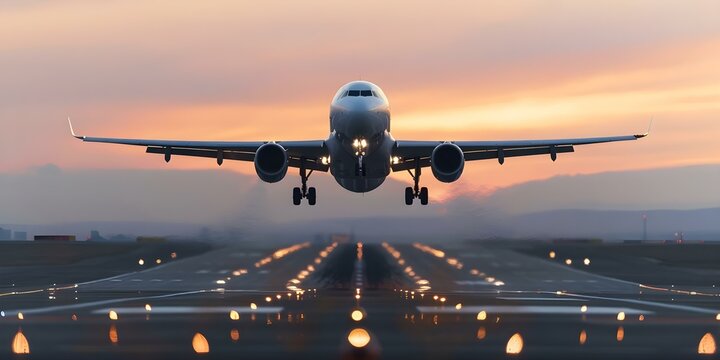 Sunset takeoff Passenger plane lifting off from runway in front view. Concept Aviation, Sunset, Takeoff, Passenger Plane, Runway