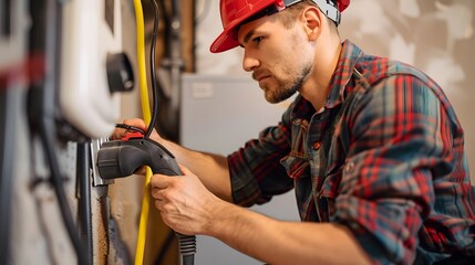 Certified male Electrician Installing Home EV Charge