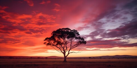 Silhouetted Australian Outback Landscape with Gum Trees Against Colorful Sky. Concept Australian Outback, Silhouettes, Landscape Photography, Gum Trees, Colorful Sky