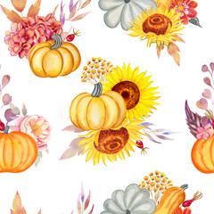 Pumpkins and sunflowers watercolor seamless pattern. Autumn flowers and leaves endless autumn hand drawn background. Harvest season print for fabric and wallpaper.