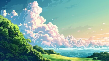 Beautiful landscape with clouds and sky. Cartoon or anime watercolor illustration style.