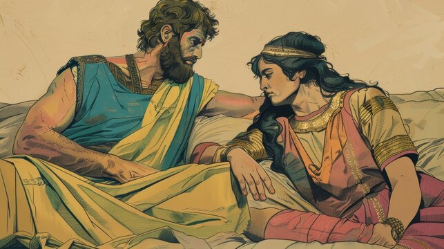 Genesis,Jacob Meets Rachel,Laban's Deception and Jacob's Marriage to Leah, Featuring Themes of Trickery and Perseverance, Beige Background,Christian banner