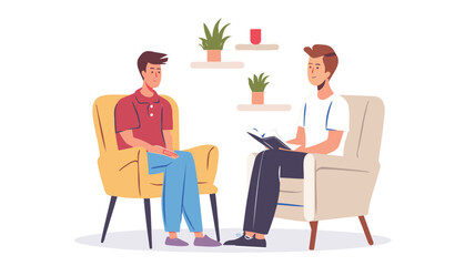 Psychotherapy Session: Counselor Aids Young Man in Overcoming Anxiety and Stress, Providing Mental Health Support and Guidance