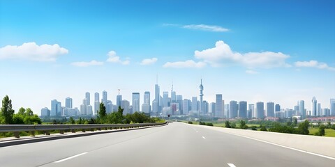 Highway perspective towards city skyline under clear blue skies symbolizing urban growth. Concept Urban Perspective, Highway Views, City Skyline, Blue Skies, Urban Growth