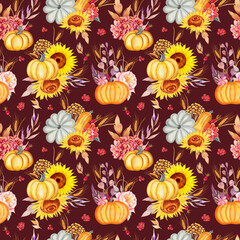 Pumpkins and sunflowers watercolor seamless pattern. Autumn flowers and leaves endless autumn hand drawn background. Harvest and wheat season print for fabric and wallpaper.