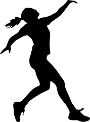 A woman is jumping in the air with her arms outstretched