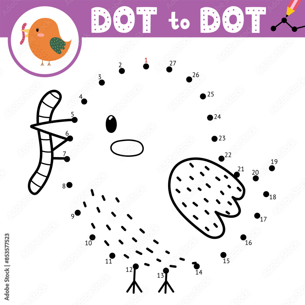 Sticker Dot to dot game for kids. Connect the dots and draw a cute bird with a worm in its mouth. Funny animal puzzle activity page. Vector illustration