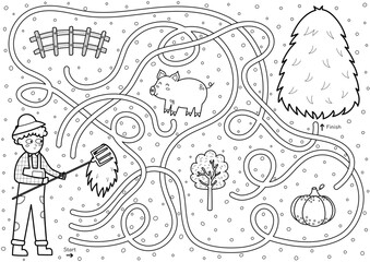 Help farmer to find a way to the stack of hay. Farm maze black and white activity for kids. Mini game in outline for school and preschool. Vector illustration