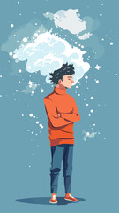 Sad Young Man with Clouded Mind on Blue Background, Depressed Teenager Boy Suffering from Temporary Memory Loss and Confusion, Mental Health Concept Vector Illustration