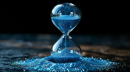 The hourglass symbolizes the passage of time, as blue sand trickles through to remind us to manage our time wisely.
