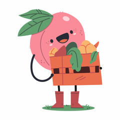 Cute peach hold box of vegetables vector cartoon character isolated on a white background.