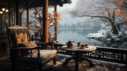 Chinese Culture Lake Tea House Is Sitting By The Lake Enjoying The Snow Scenery While Drinking Tea by The Charcoal Stove Landscape Background