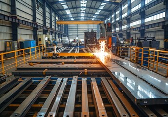 Fototapeta premium A large-scale metal fabrication plant with cutting, welding, and shaping machinery