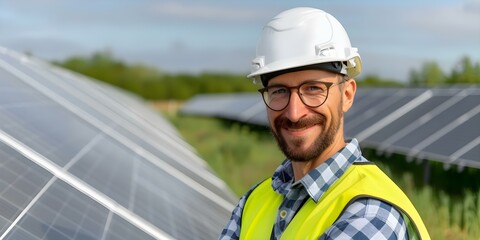 Obraz premium Caucasian solar engineer wearing a helmet, with solar panels and greenery in the background in the Netherlands. Concept Solar Energy, Engineer, Green Technology, Netherlands, Outdoor Photoshoot