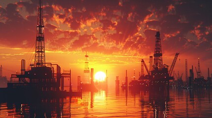 Obraz premium Drilling platforms. Oil reserves. Crude fuel output. Energy infrastructure. Sunset oil rigs. Fuel extraction site. 3d illustration.