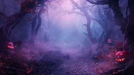 Purple Halloween cemetery poster. Tombstones, scary trees, 