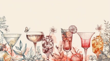 Hand-drawn illustrations of cocktail glasses flower pastel color background style