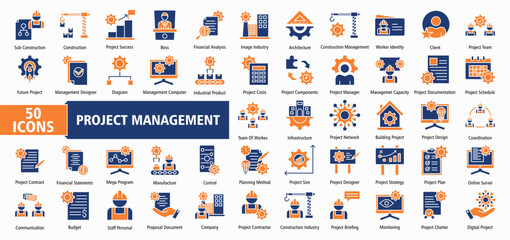 Project construction management icon collection set vector illustration. Containing subcontractor, design, success, boss, financial analysis, image industry, architecture icon. Simple line vector.