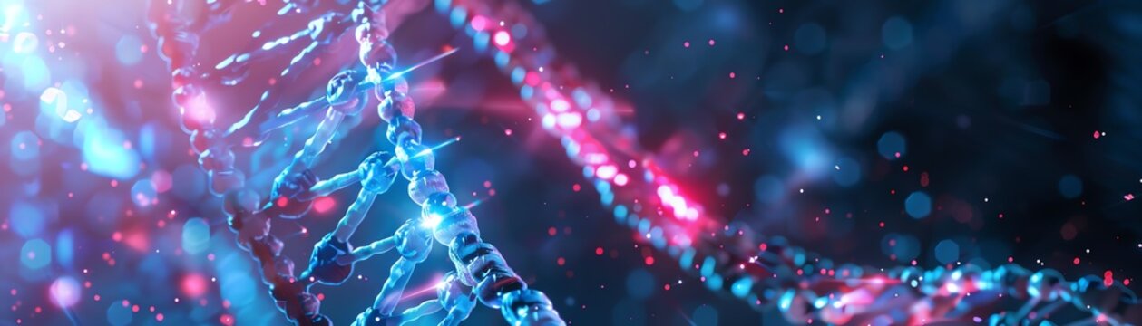 Close-up view of glowing DNA strands with red and blue highlights, representing genetic science and biotechnology advancements.