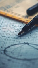 Close-up of an engineering blueprint with a black pen and ruler, illustrating technical design and precision in drafting architecture projects.