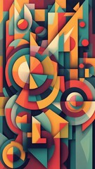 A colorful abstract painting with many shapes and colors. The painting is full of triangles and circles, and it seems to be a representation of a cityscape. The colors are bright and vibrant