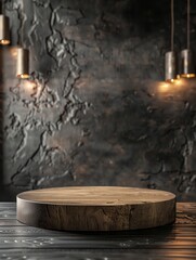 A rustic wooden podium sits on a dark wooden floor against a dark concrete wall with hanging lights