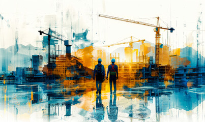Double Exposure Construction Site with Workers and Cranes, Urban Development at Dusk, Blue and Orange Theme, Progress and Growth in Modern City, Reflective Water Surface