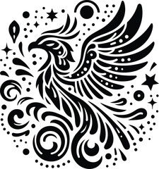 phoenix in silhouete with bohemian nature pattern illustration