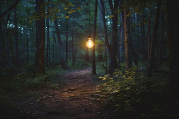 Obraz premium A single light bulb hanging in a forest, illuminating a path
