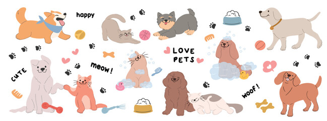 Cute pet doodle vector set. Cartoon dogs and cats characters design collection with flat color in different poses, toy, ball, pet food, bowl. Set of funny pet animals isolated on white background.