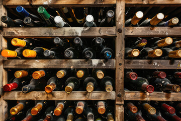 Wine bottles stacked on wooden rack, Wine collections stored in cellar on shelf