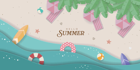 Top view Summer Vacation Illustration.  Hello  summer holiday banner with colorful summer items