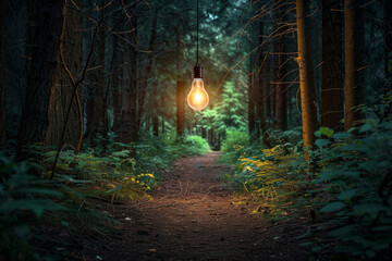Fototapeta premium A single light bulb hanging in a forest, illuminating a path