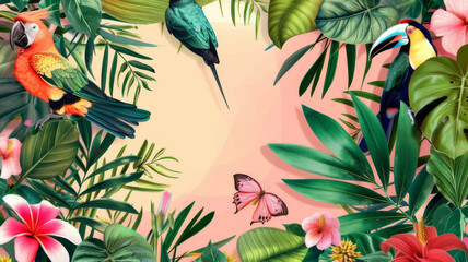 Bright collage with exotic  tropical leaves. Floral decoration. Abstract nature background