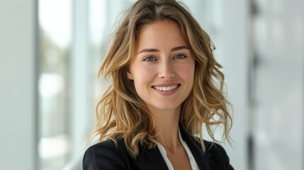Fototapeta premium Confident professional woman smiling at camera, close-up portrait on white background, captured in high-definition with Fujifilm quality.
