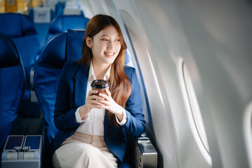 Young Asian executive excels in first class, multitasking with digital tablet, laptop and...