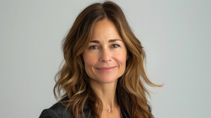 Fototapeta premium Confident professional woman smiling at camera, close-up portrait on white background, captured in high-definition with Fujifilm quality.